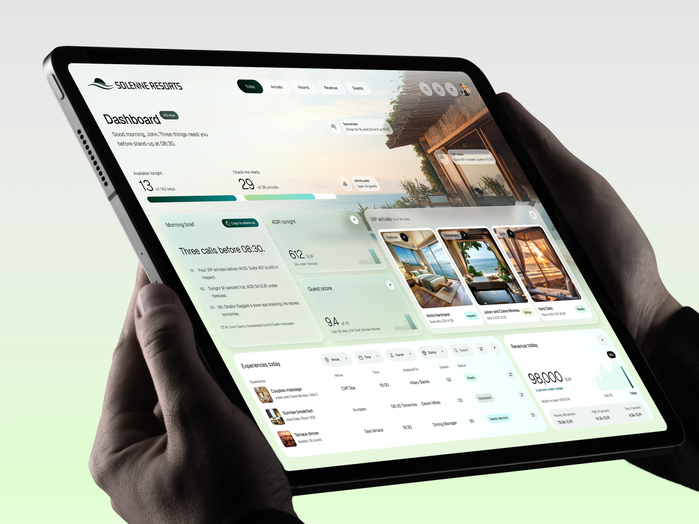 Solenne Resorts Arrivals screen tilted in a browser window, showing the page title, a status line, filter pills and the guest table with the first row highlighted in pale aqua.