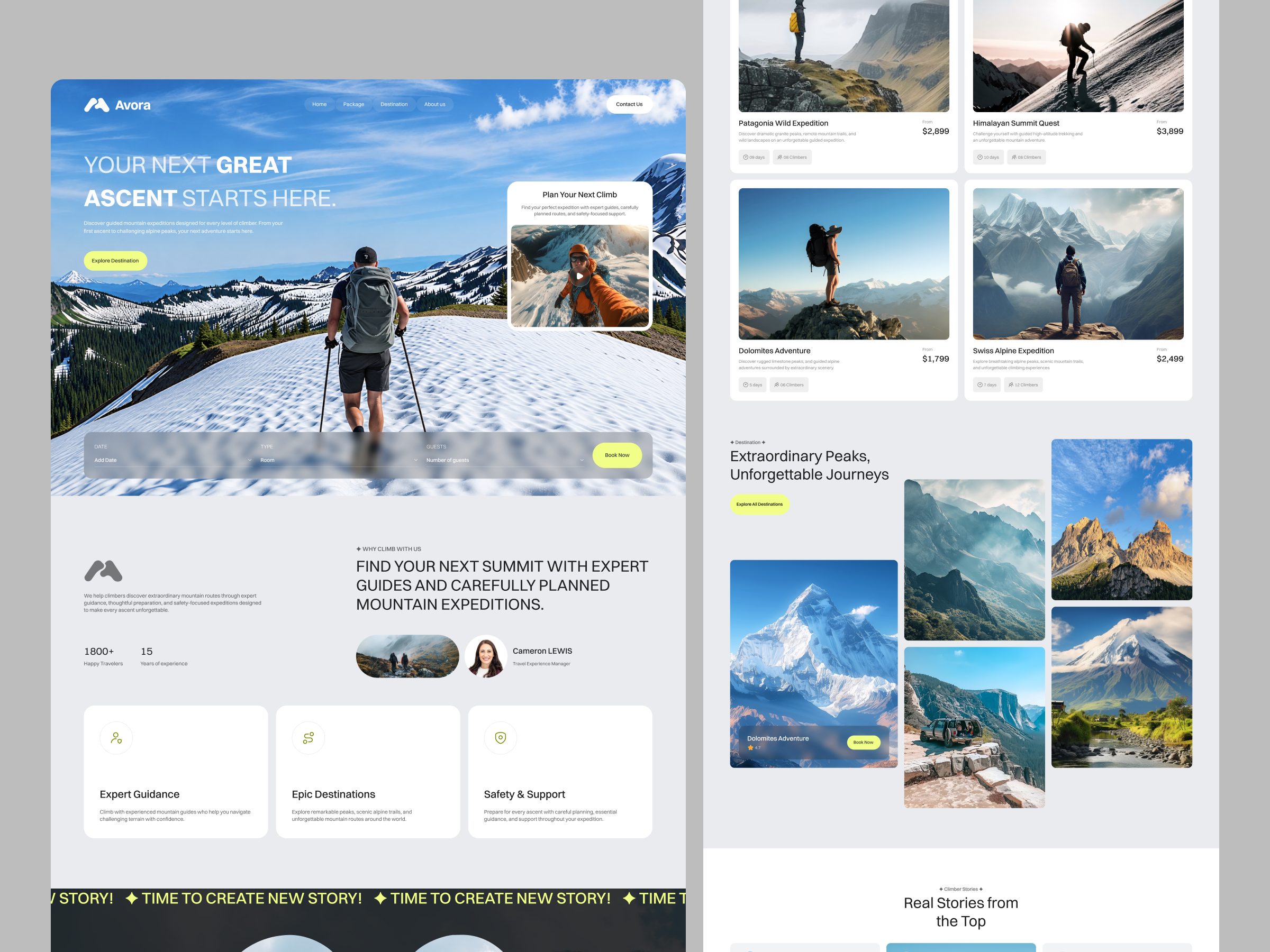 Avora mountain travel homepage composite with a snowfield hero and booking bar, a Why climb with us section, four expedition package cards, a destination photo mosaic and a dark climber stories section