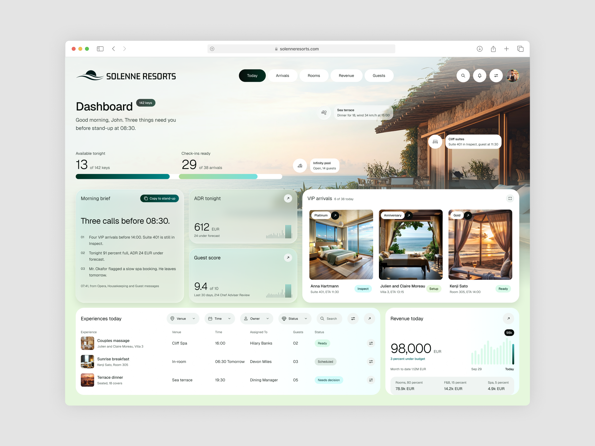 Solenne Resorts hotel operations dashboard in a browser window, with a sunset resort photograph behind a greeting, two progress bars, frosted glass cards, VIP arrival photos, an experiences table and a revenue panel.