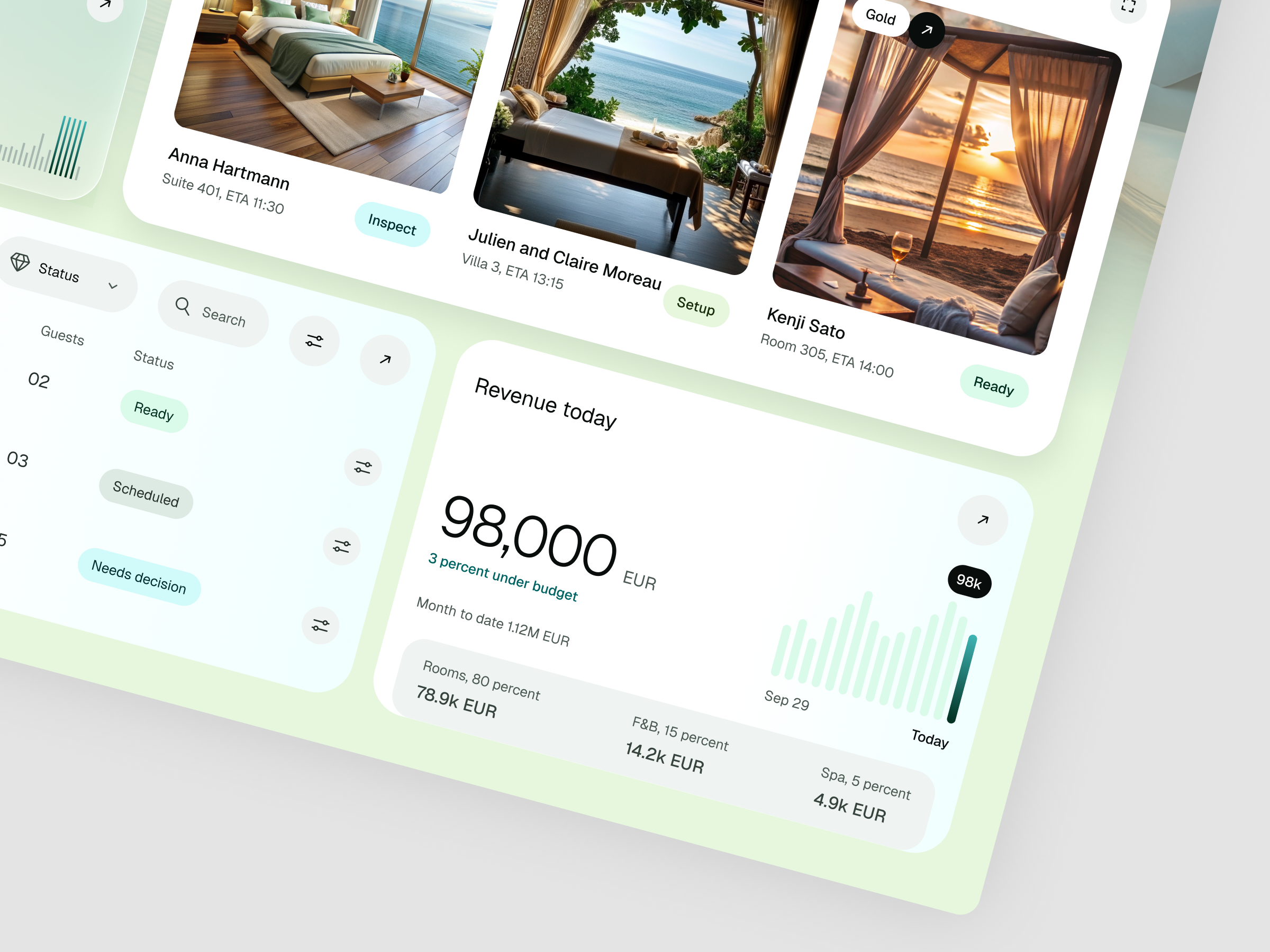 Solenne Resorts Arrivals screen with a table of nine guests, tier and status chips, filters for Tier, Wing, ETA and Owner, and a white guest panel for Anna Hartmann with an allergy alert and Mark ready button.