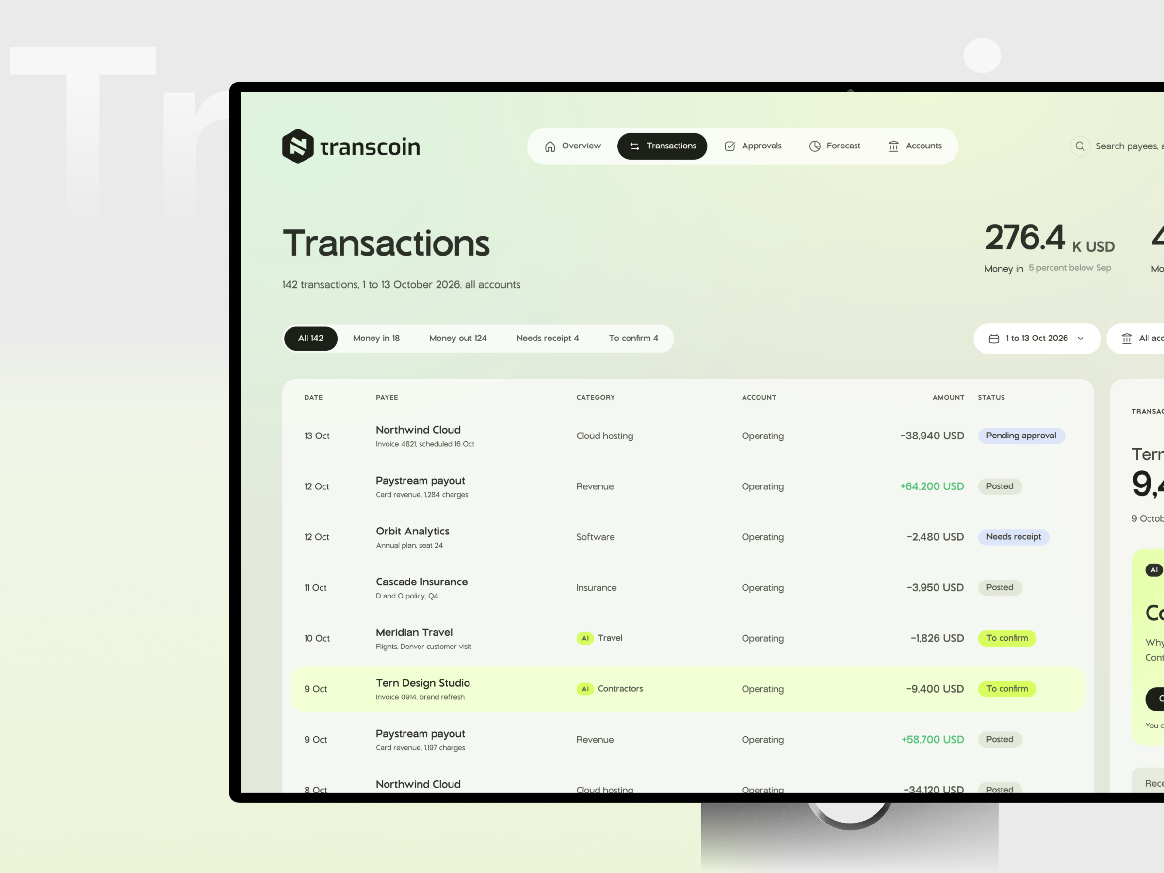 Transcoin Cash overview dashboard in a browser window, showing total cash, four headline figures, a month by month runway chart, a lime insight card, an approval list, spending by category and three accounts.