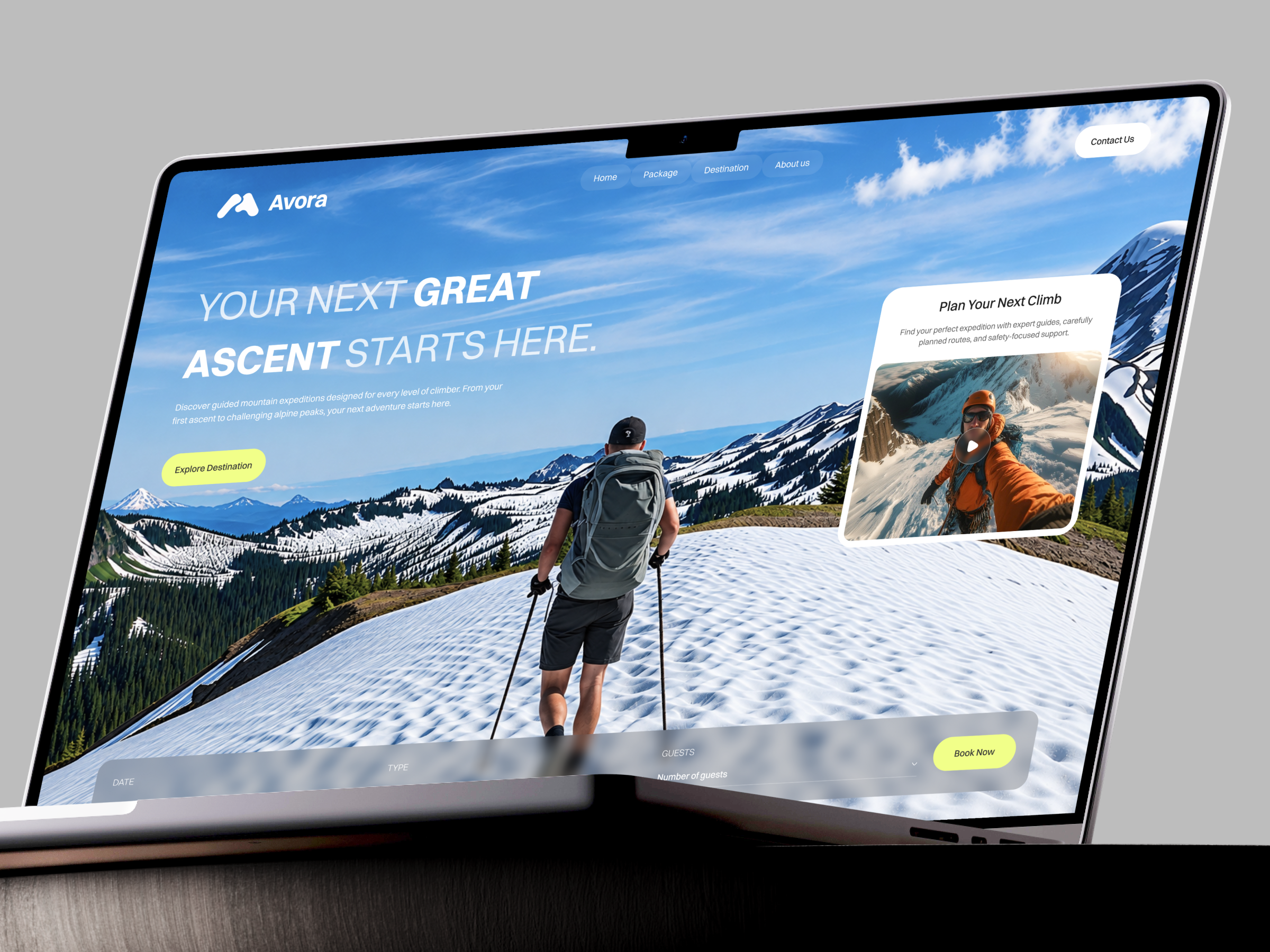 Avora homepage in a browser frame, showing the navigation pills, the hero headline, a video card, the booking bar, and below it a Why climb with us statement with two figures and a team member.