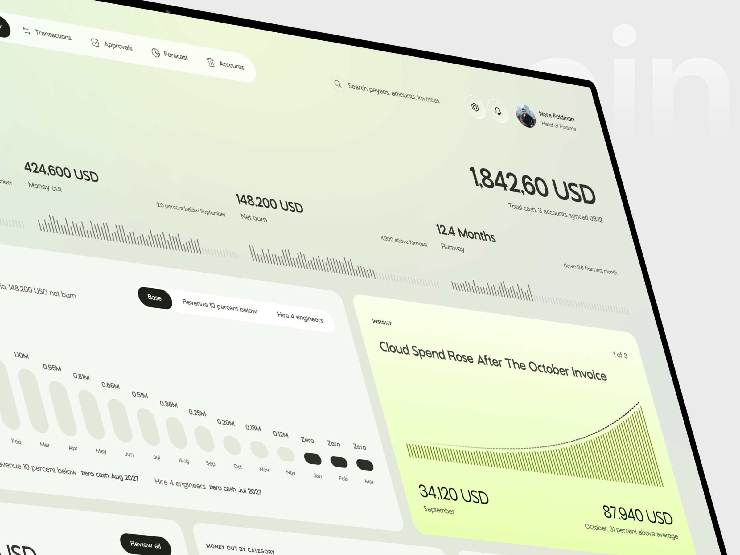 Close view of the Transcoin Accounts card listing Operating, Payroll and Tax reserve balances with a Move funds button, beside a dark prompt bar reading Ask about your cash.